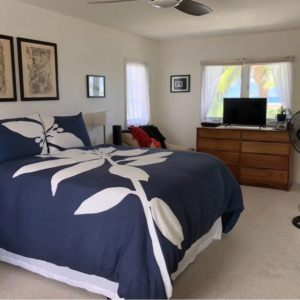 West Elm Navy and White Leaf Bedding